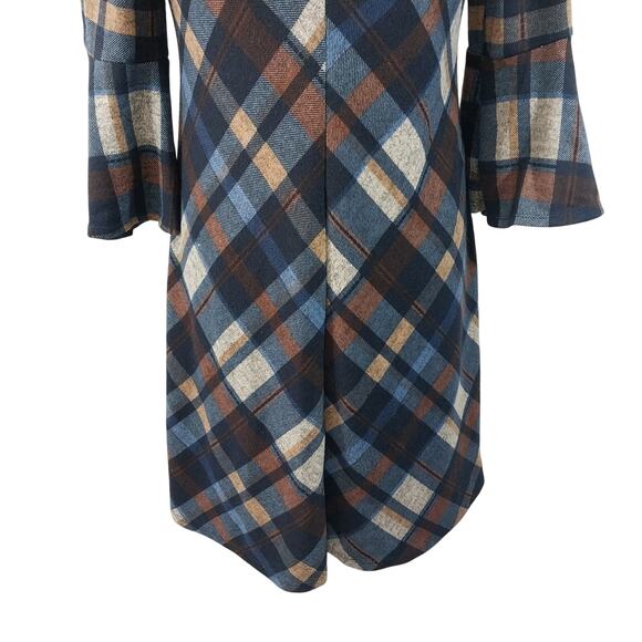 JH! BOLD PLAID NAVY, RUST, WHITE BELL SLEEVE SHIFT STYLE DRESS, SO PRETTY! SZ 8 - Picture 7 of 10